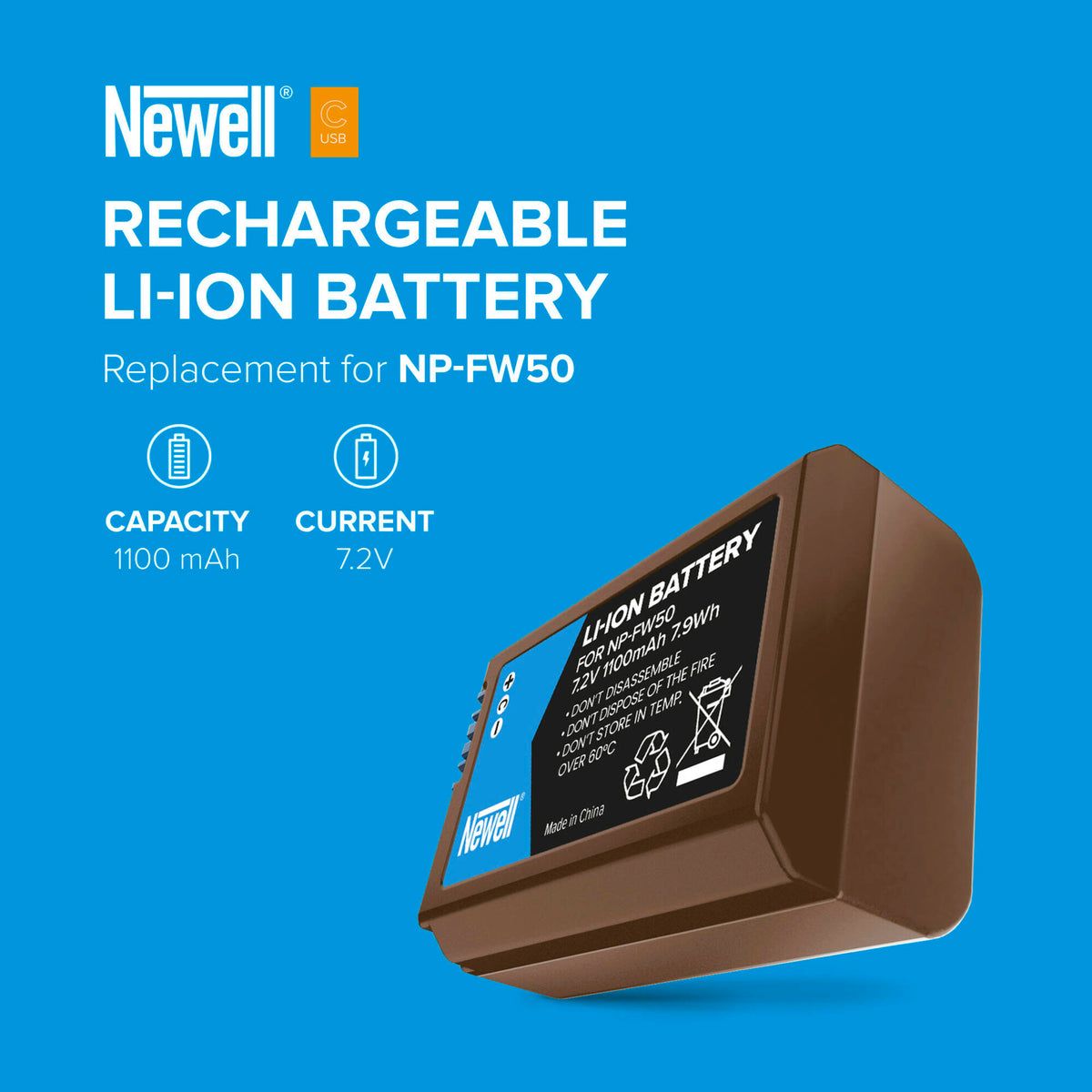 Batería Newell NP-FW50 USB-C (1100mAh) - puertos y conexiones