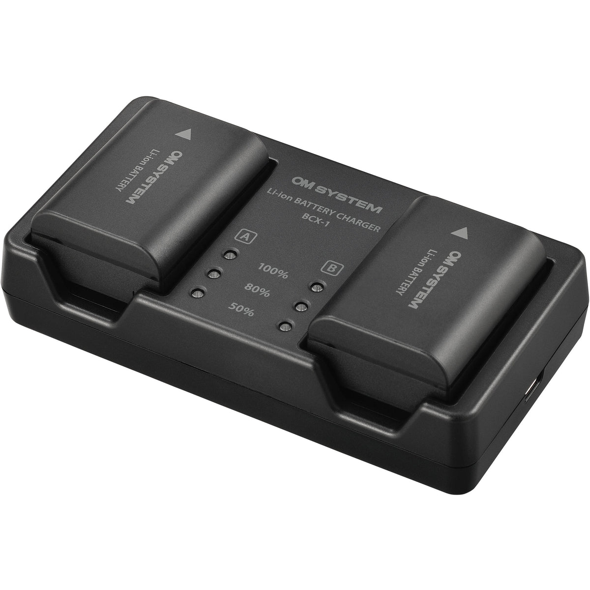 Batería OM System SBCX-1 y cargador kit - vista lateral