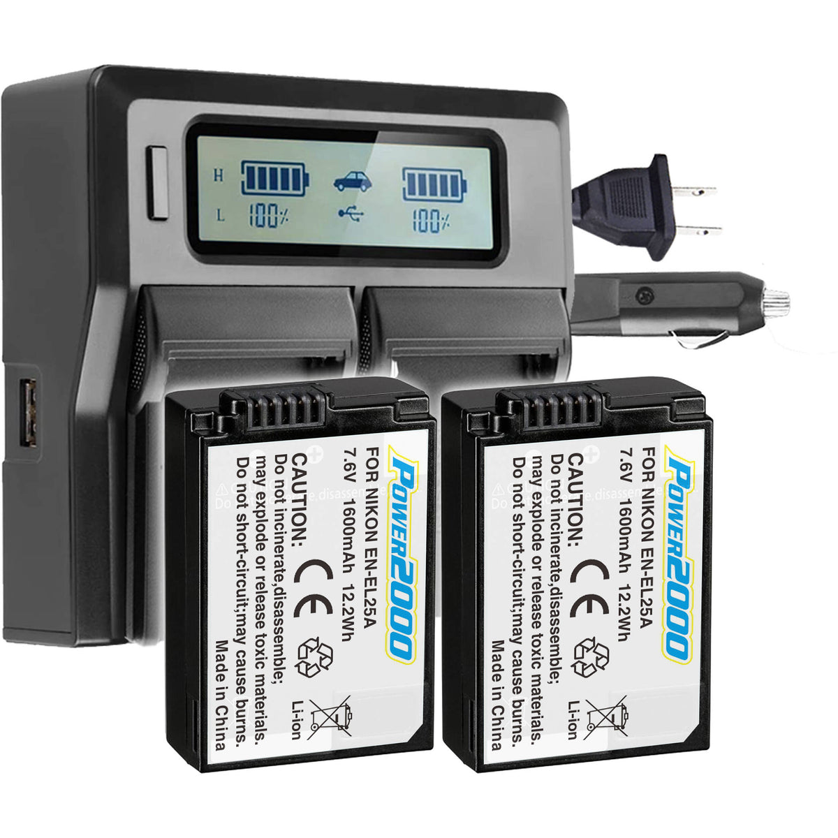 Batería Power2000 EN-EL25a 2- kit con doble-bahías LCD cargador (1600mAh) - vista principal