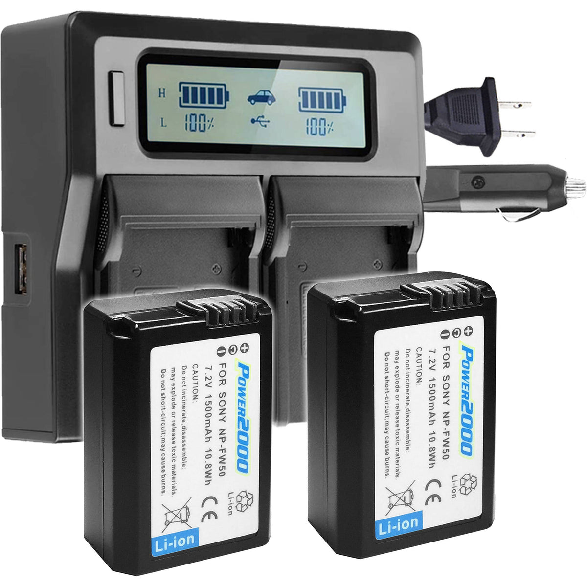 Batería Power2000 Sony NP-FW50 & doble-bahías LCD cargador kit - vista principal