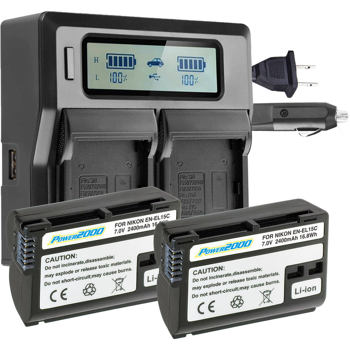 Batería Power2000 Two Nikon EN-EL15C-Type con doble-bahías LCD cargador - vista principal