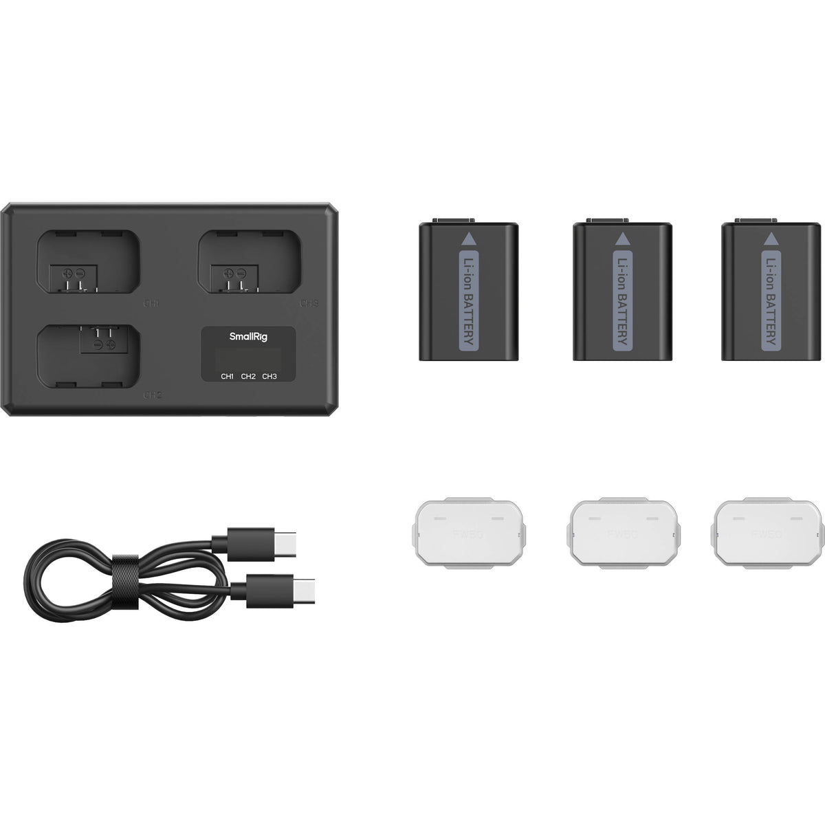 Batería SmallRig Camera 3- kit con Triple-bahías cargador (Sony NP-FW50) - contenido de la caja