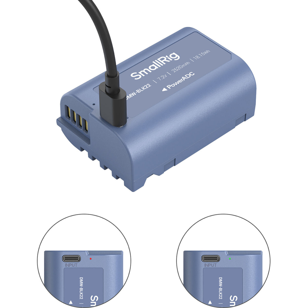 Batería SmallRig DMW-BLK22 USB-C (2520mAh, Azul) - puertos y conexiones