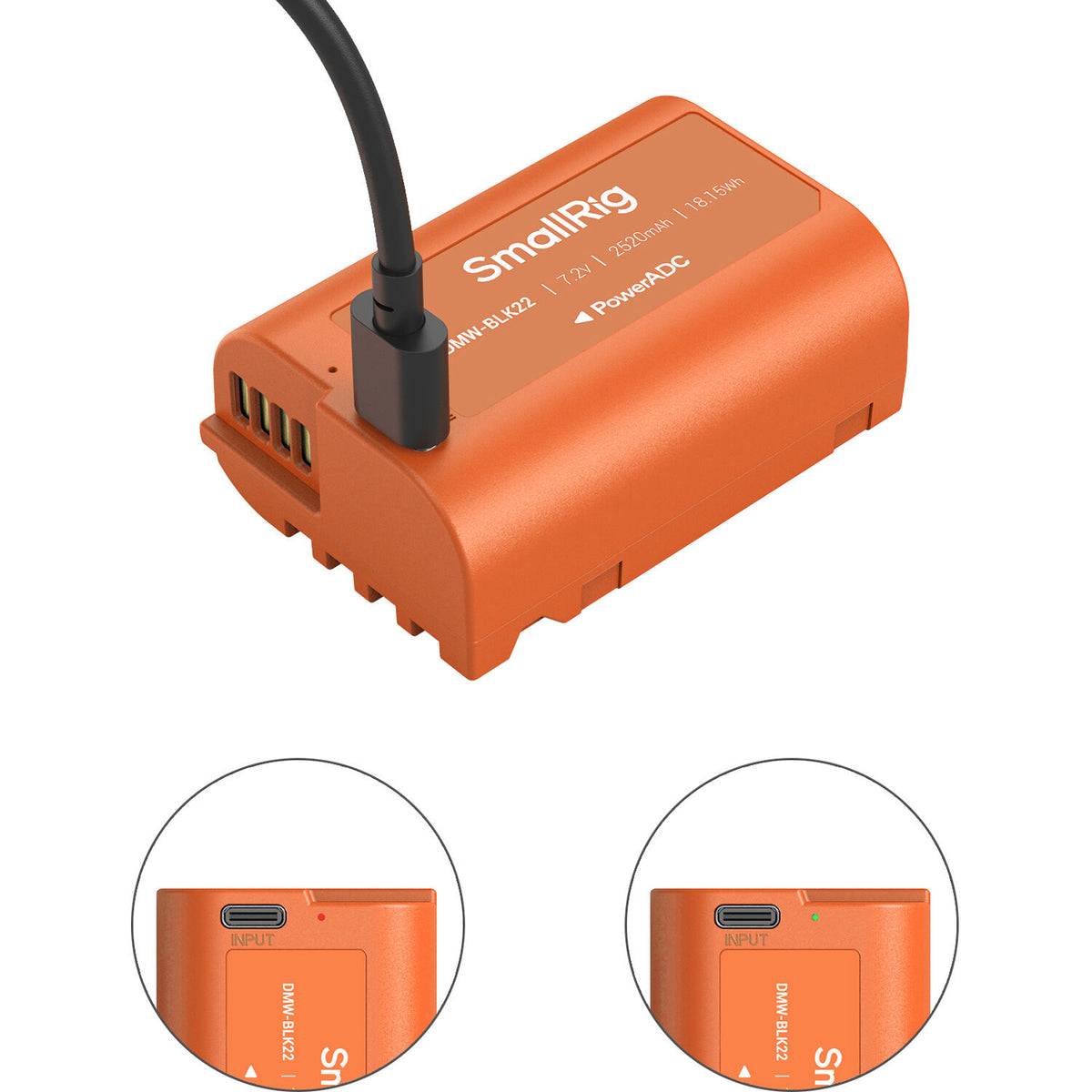 Batería SmallRig DMW-BLK22 USB-C (2520mAh, Orange) - puertos y conexiones