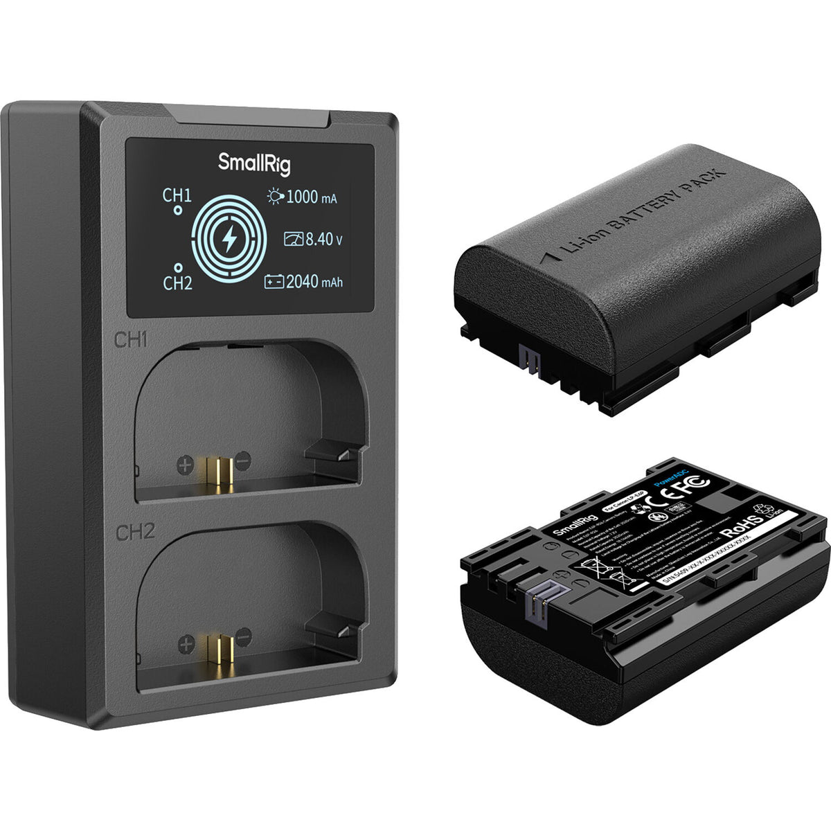 Batería SmallRig E6P-BR26 kit con 2 y 2-bahías USB cargador + Intelligent Display kit - vista frontal