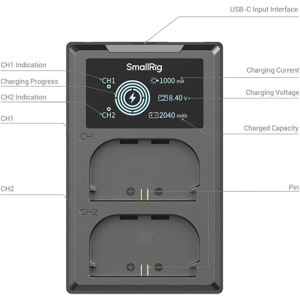 Batería SmallRig E6P-BR26 kit con 2 y 2-bahías USB cargador + Intelligent Display kit - puertos y conexiones