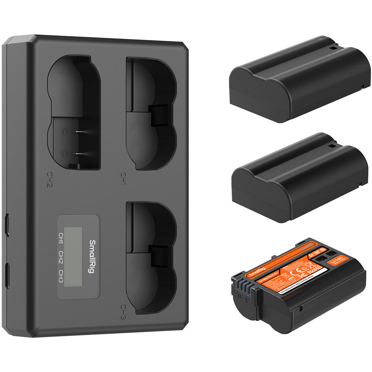 Batería SmallRig EN-EL15c kit con 3 y portátil 3-bahías cargador - vista frontal