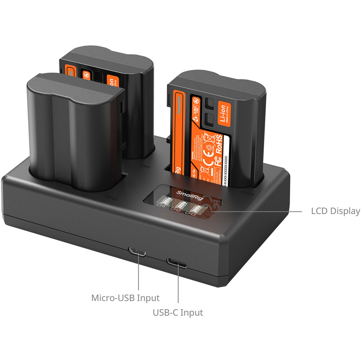 Batería SmallRig EN-EL15c kit con 3 y portátil 3-bahías cargador - vista trasera