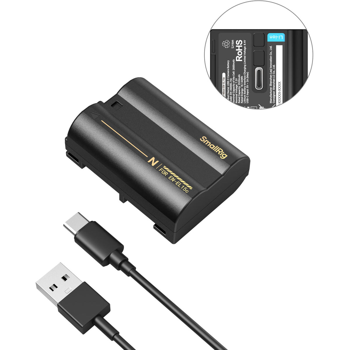 Batería SmallRig EN-EL15c USB-C (2600mAh, Negro) - vista lateral