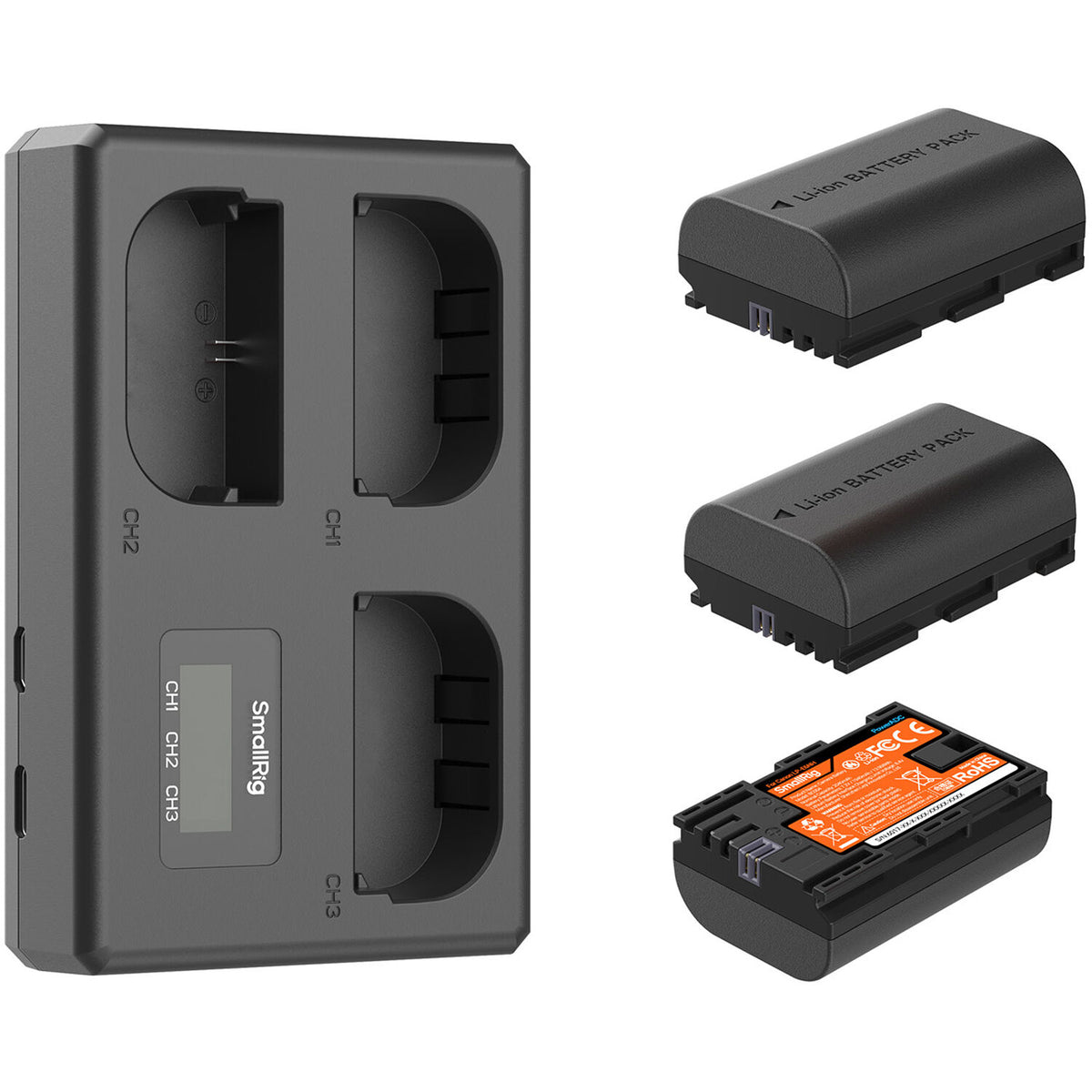 Batería SmallRig LP-E6NH kit con 3 y portátil 3-bahías cargador - vista frontal