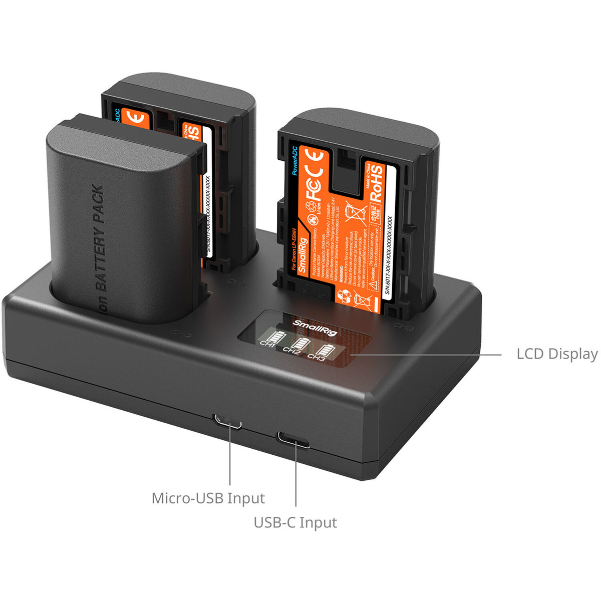 Batería SmallRig LP-E6NH kit con 3 y portátil 3-bahías cargador - vista trasera