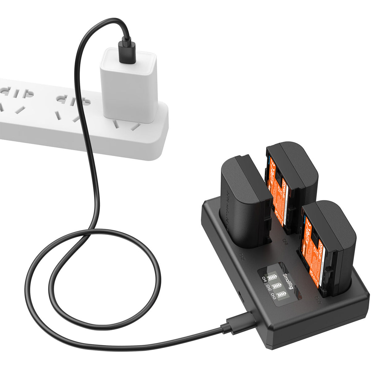 Batería SmallRig LP-E6NH kit con 3 y portátil 3-bahías cargador - vista lateral