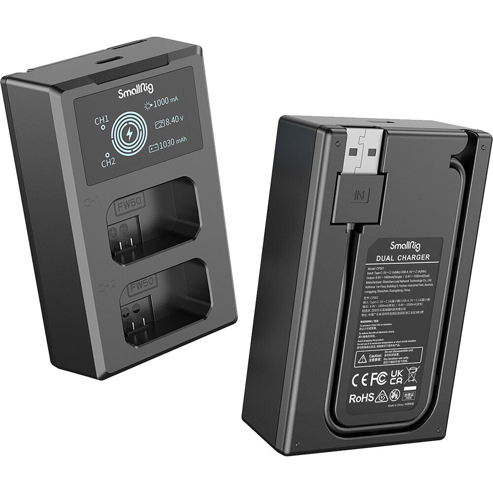 Batería SmallRig NP-FW50 kit con 2 y 2-bahías USB cargador - puertos y conexiones
