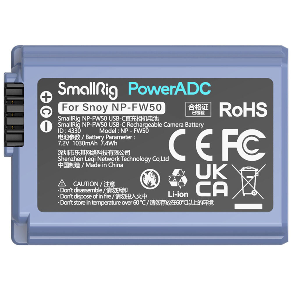 Batería SmallRig NP-FW50 USB-C (1030mAh, Azul) - vista frontal