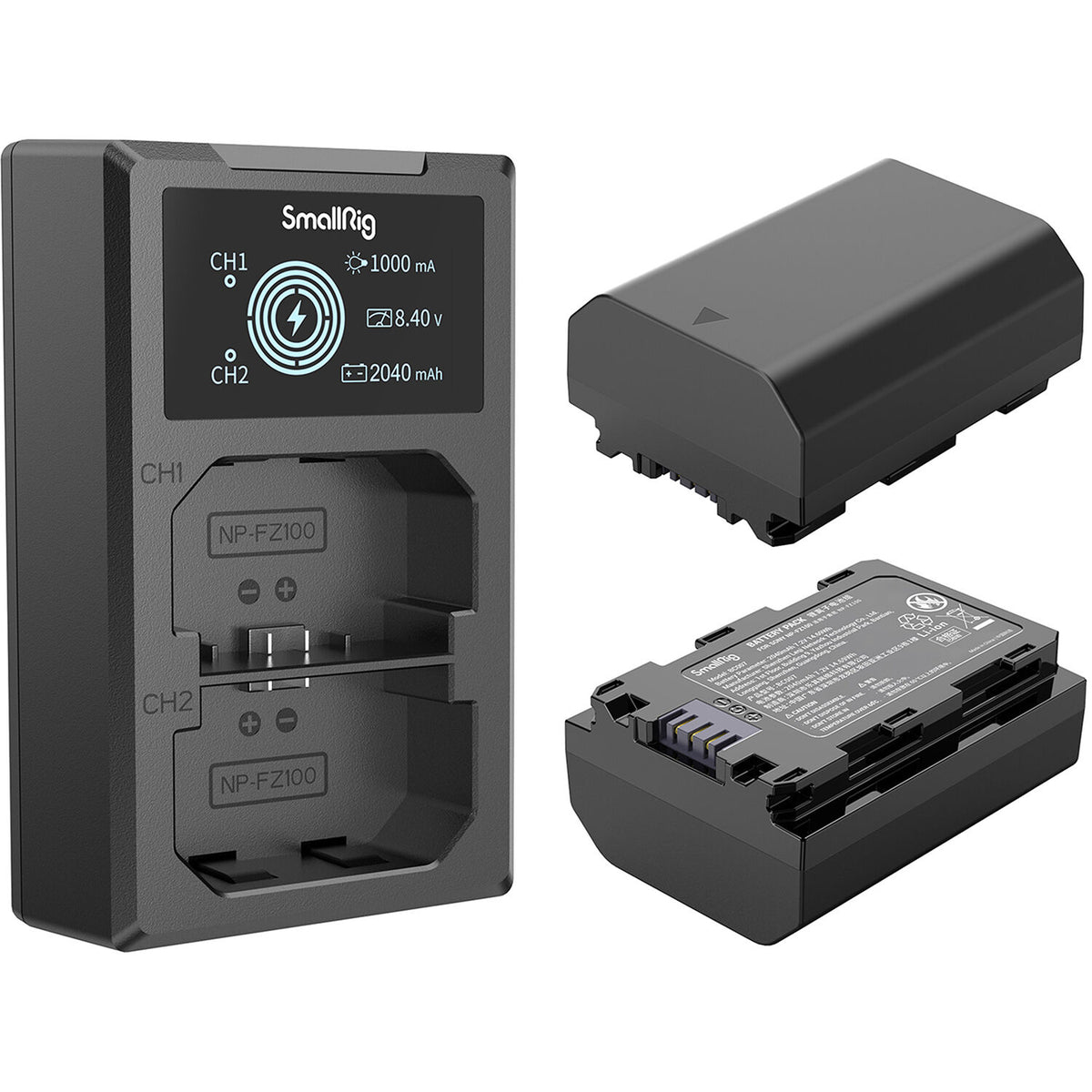 Batería SmallRig NP-FZ100 kit con 2 y 2-bahías USB cargador - vista frontal