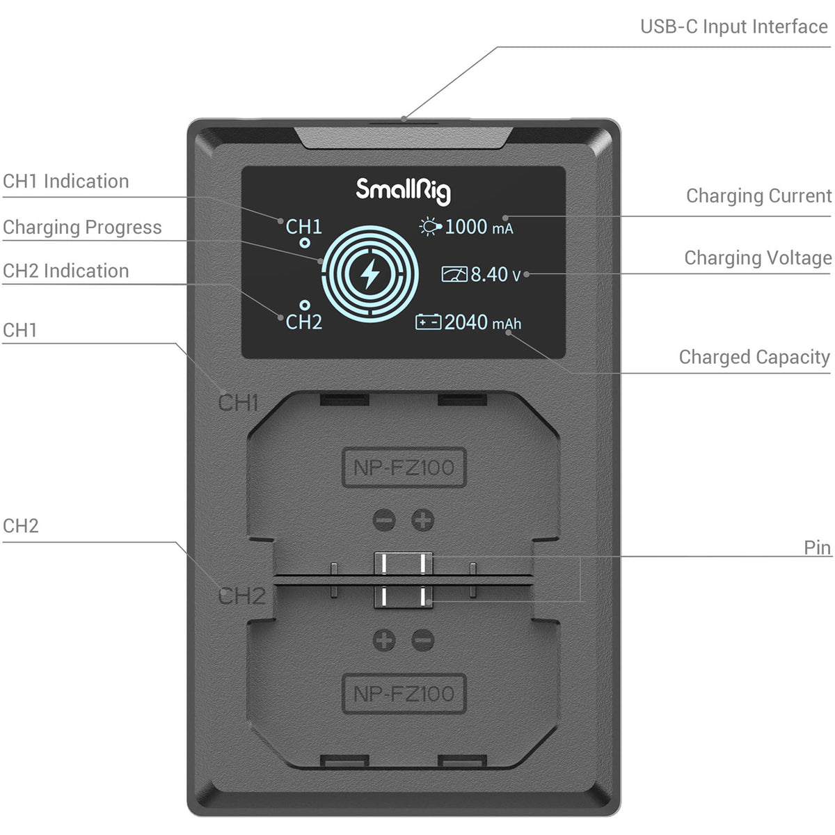 Batería SmallRig NP-FZ100 kit con 2 y 2-bahías USB cargador - detalle