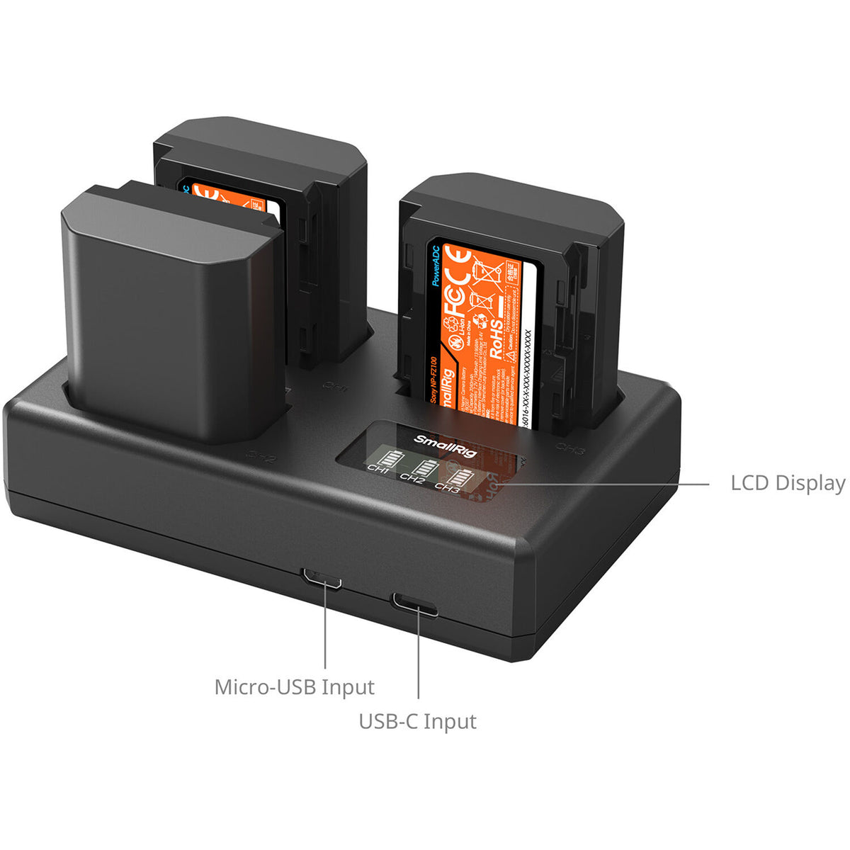 Batería SmallRig NP-FZ100 kit con 3 y portátil 3-bahías cargador - vista trasera