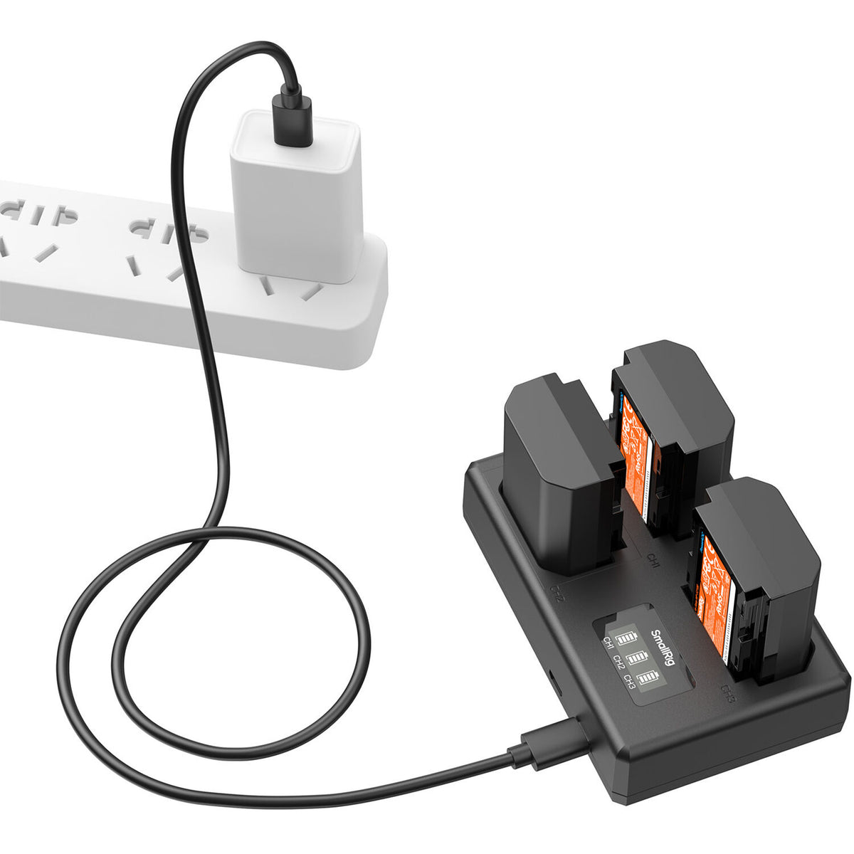 Batería SmallRig NP-FZ100 kit con 3 y portátil 3-bahías cargador - vista lateral