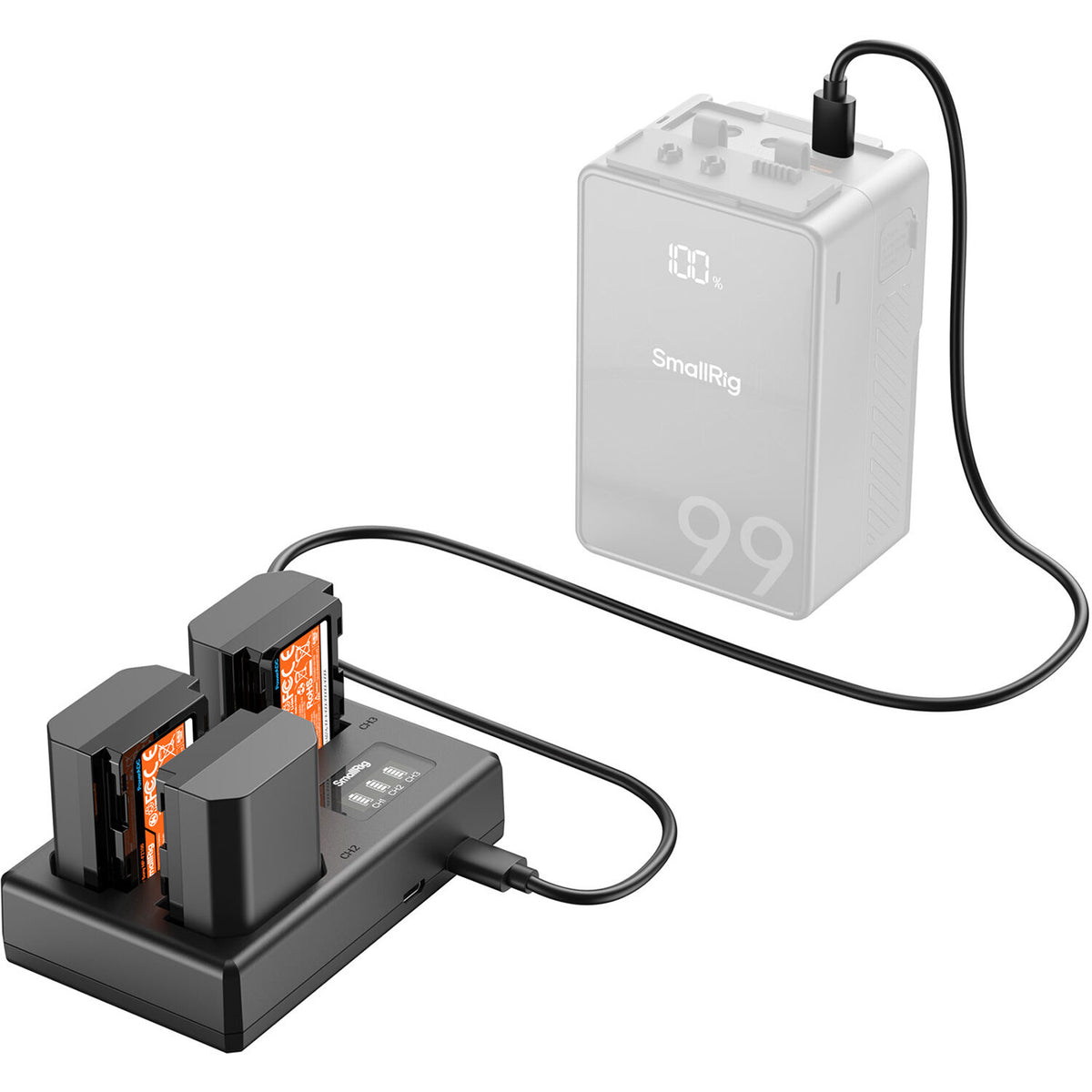 Batería SmallRig NP-FZ100 kit con 3 y portátil 3-bahías cargador - puertos y conexiones