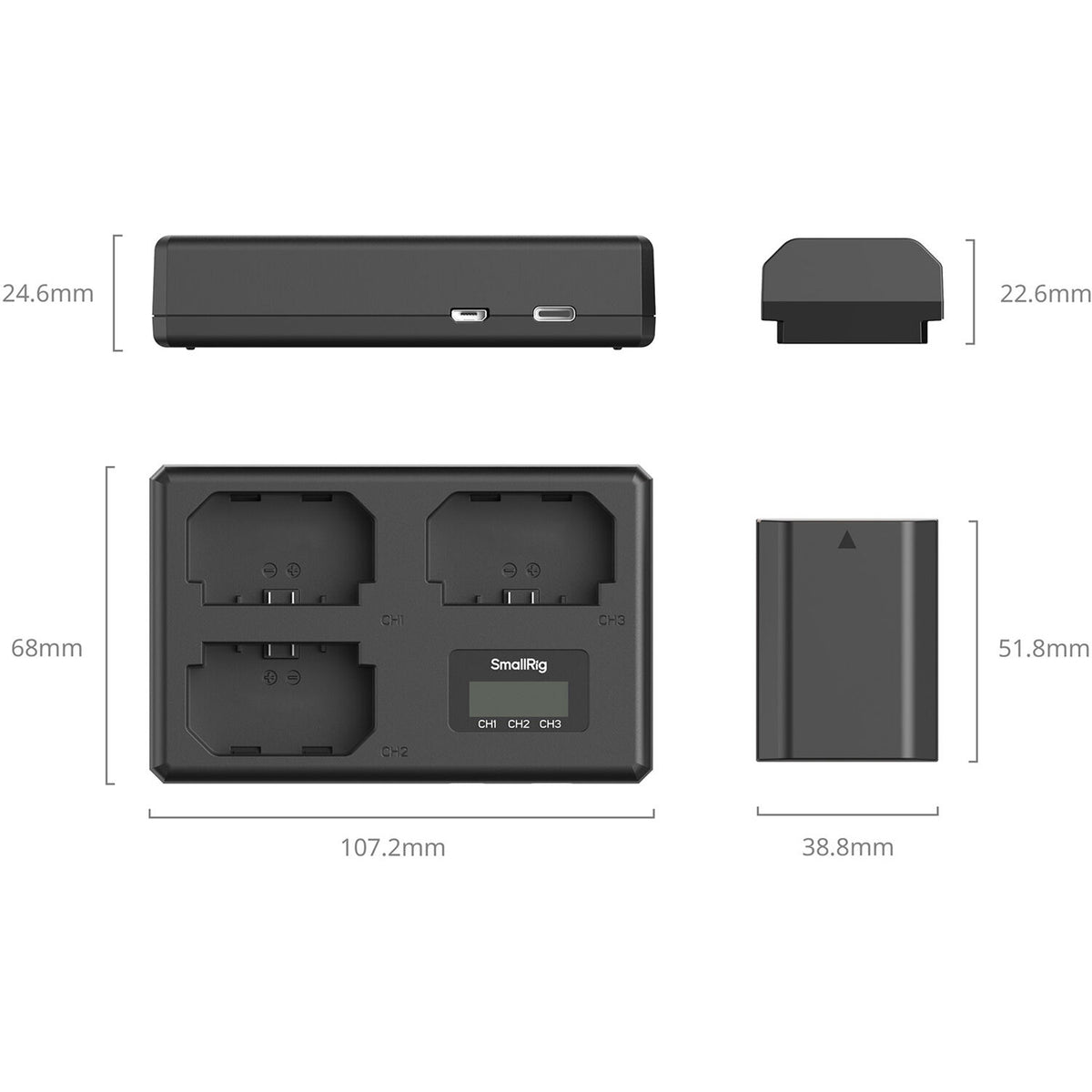 Batería SmallRig NP-FZ100 kit con 3 y portátil 3-bahías cargador - detalle