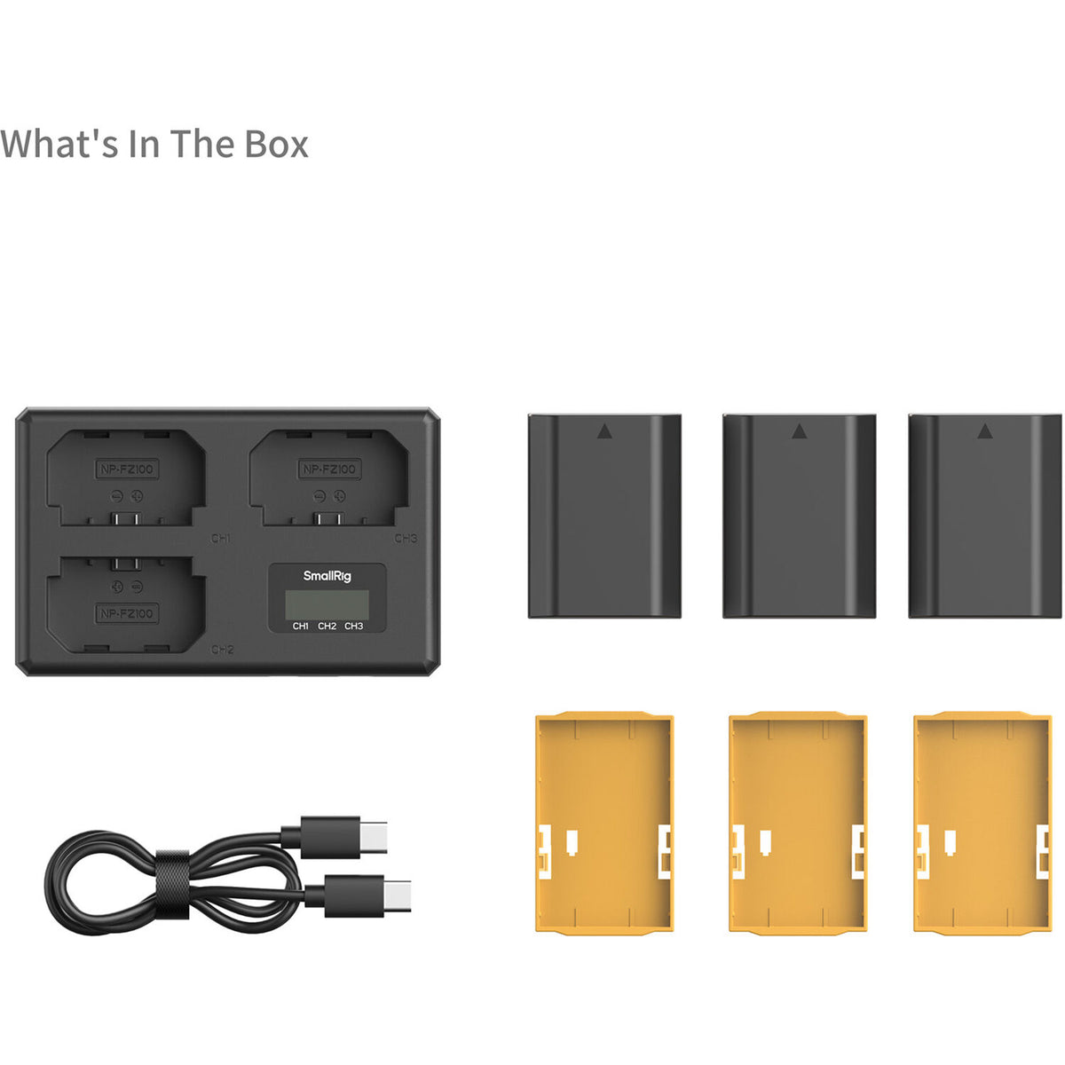 Batería SmallRig NP-FZ100 kit con 3 y portátil 3-bahías cargador - contenido de la caja