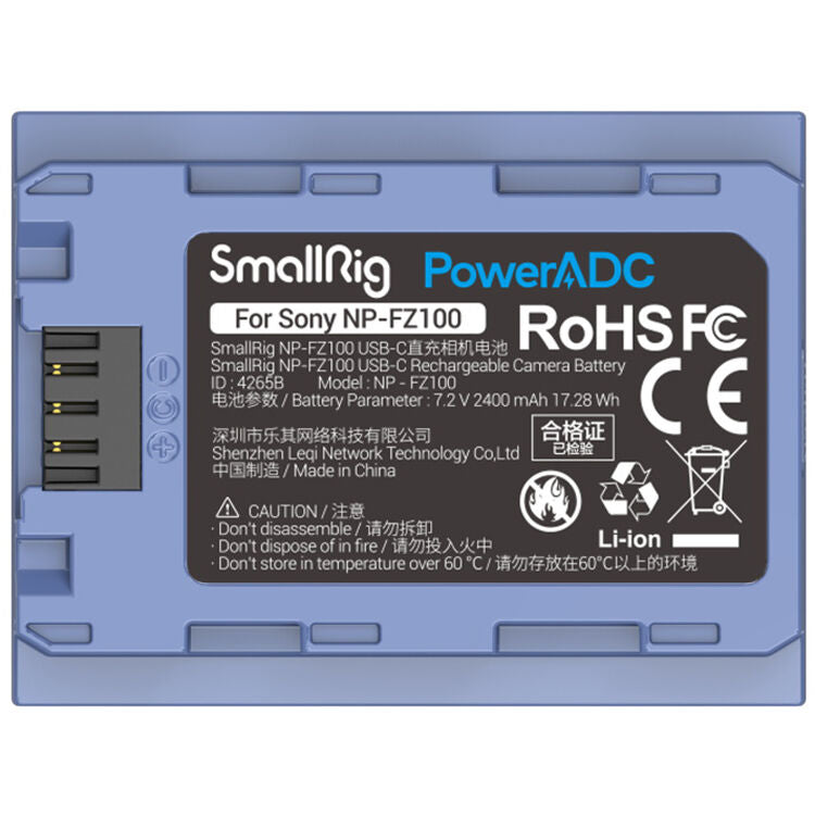 Batería SmallRig NP-FZ100 USB-C (2400mAh, Azul) - vista frontal