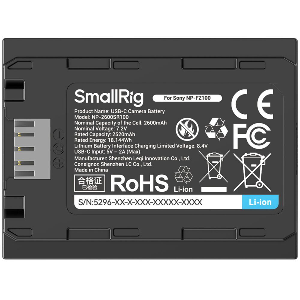 Batería SmallRig NP-FZ100 USB-C (2600mAh, Negro) - puertos y conexiones