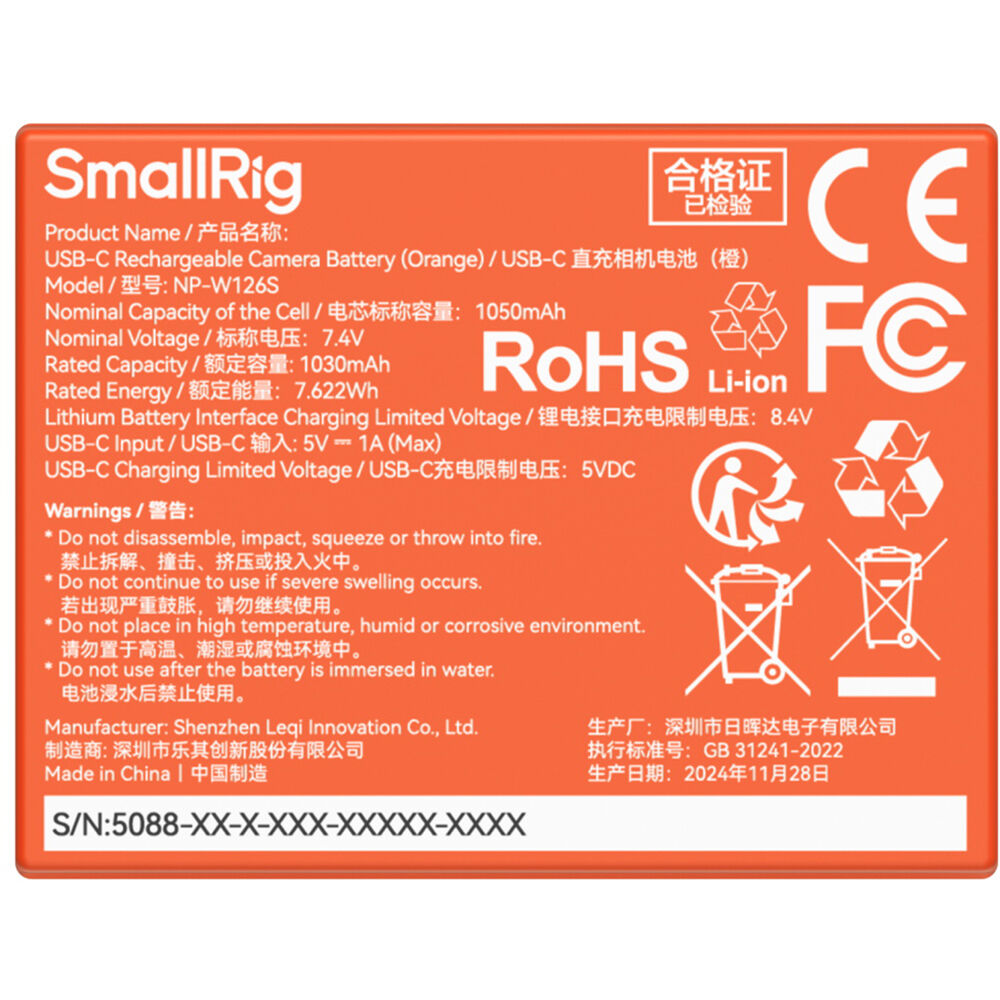 Batería SmallRig NP-W126S USB-C Camera (Orange) - vista frontal