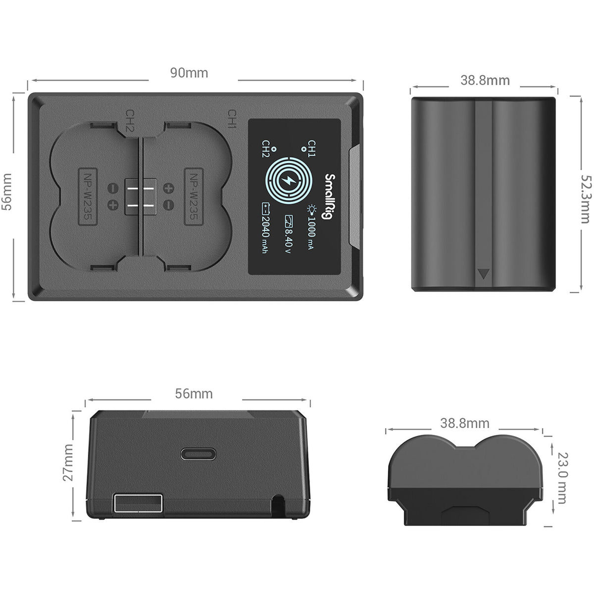 Batería SmallRig NP-W235 kit con 2 y 2-bahías USB cargador - vista trasera