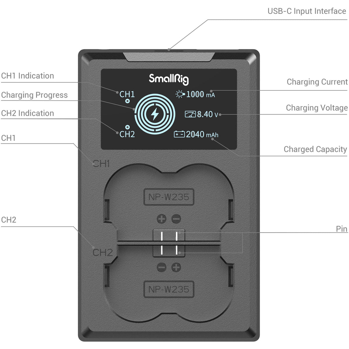 Batería SmallRig NP-W235 kit con 2 y 2-bahías USB cargador - detalle