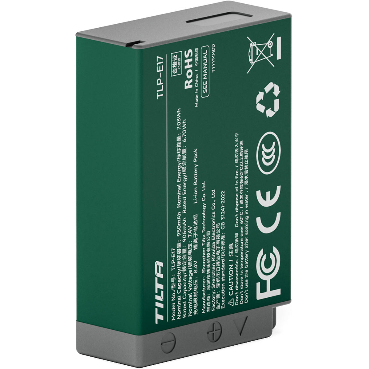 Batería Tilta LP-E17 USB-C (950mAh, Forest Green) - vista frontal