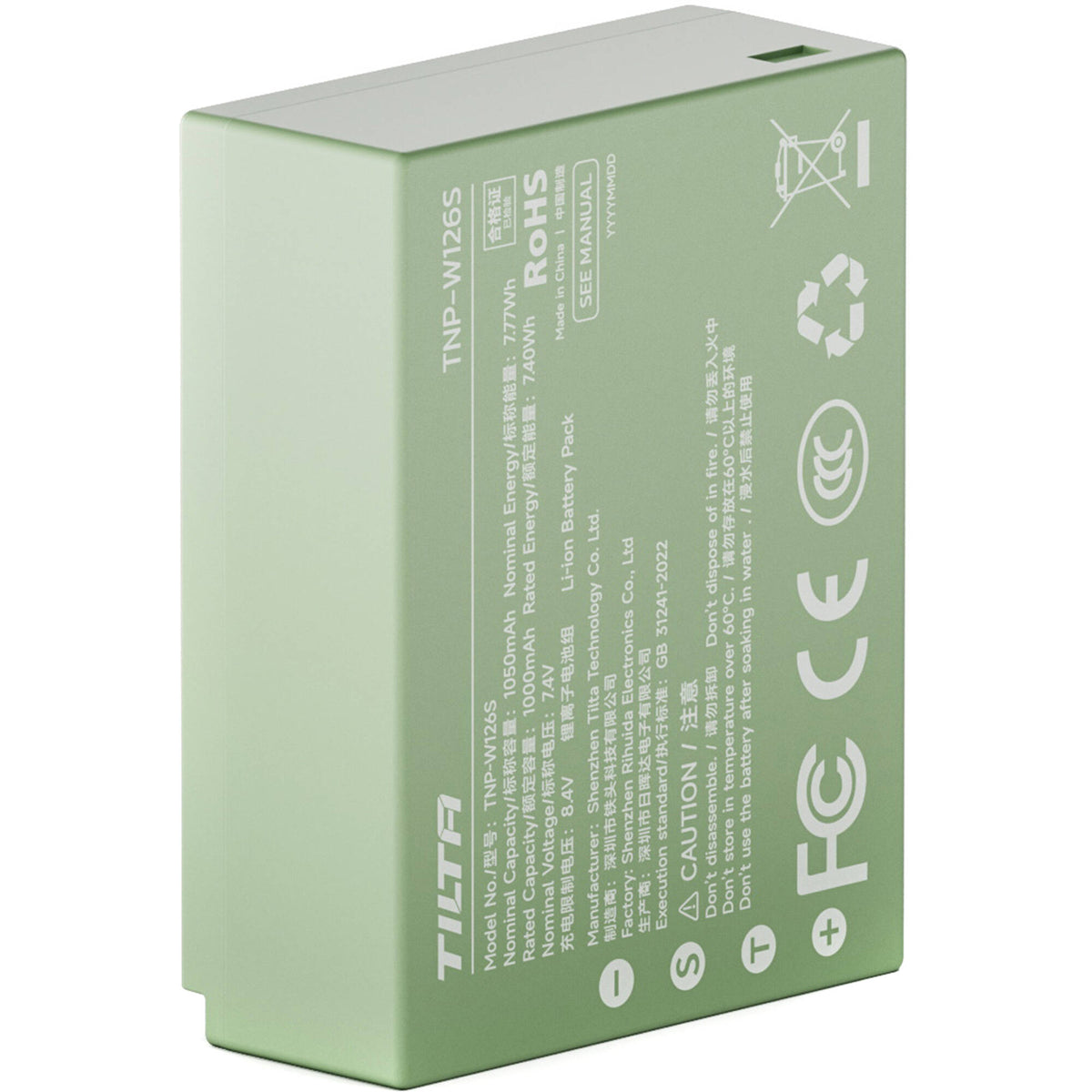 Batería Tilta NP-W126S con USB-C Input (1050mAh, Ash Verde) - vista frontal