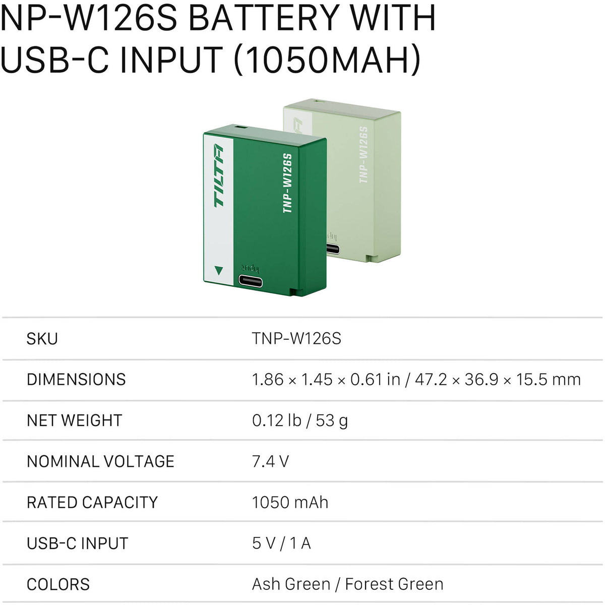 Batería Tilta NP-W126S con USB-C Input (1050mAh, Ash Verde) - puertos y conexiones