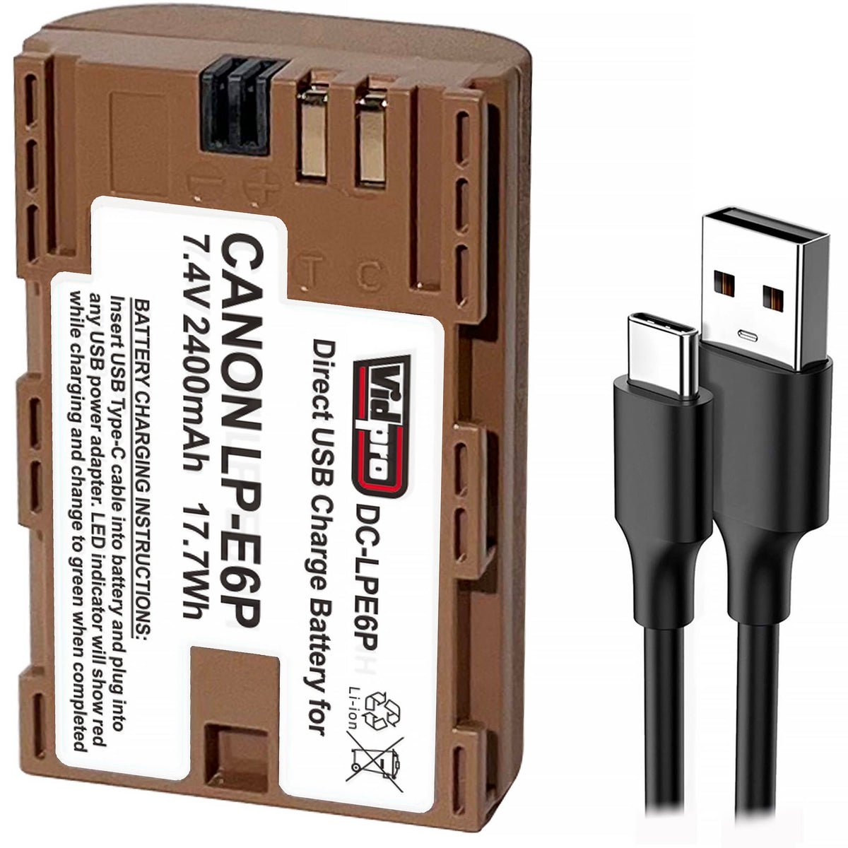 Batería Vidpro LP-E6P USB-C (2400mAh) - vista trasera