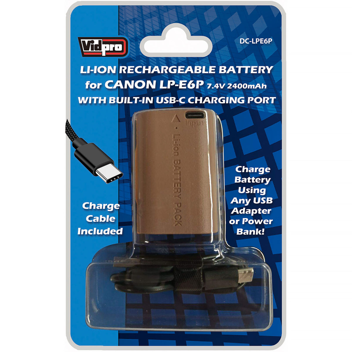Batería Vidpro LP-E6P USB-C (2400mAh) - vista lateral