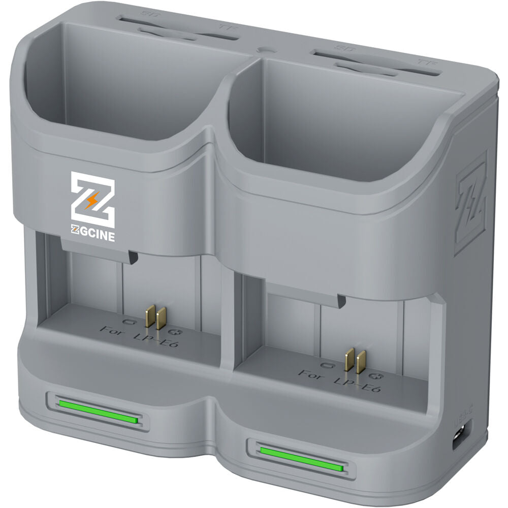 Batería ZGCINE Travel Charging Case kit con 2 LP-E6P (2600mAh, Gris) - puertos y conexiones