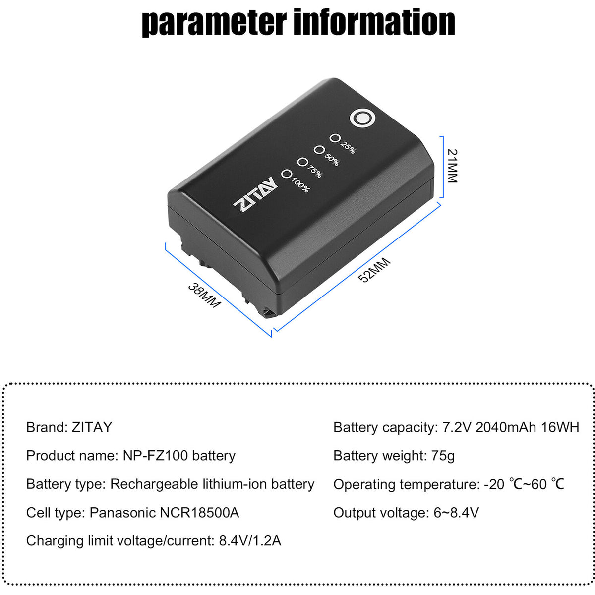 Batería ZITAY NP-FZ100 (2040mAh) - contenido de la caja