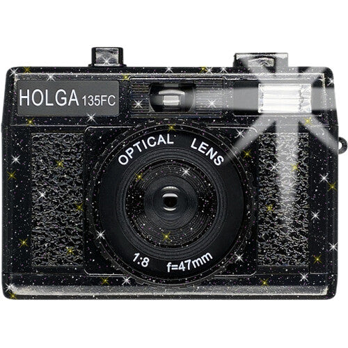Cámara Analógica Holga 135FC con Flash (Negro con Brillos) - vista frontal