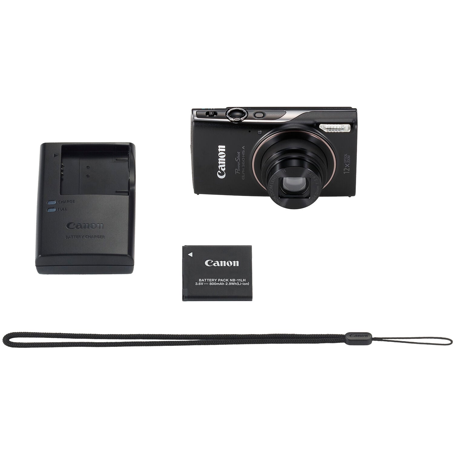 Cámara Digital Canon PowerShot ELPH 360 HS 20.2MP Zoom 12x Negra - contenido de la caja