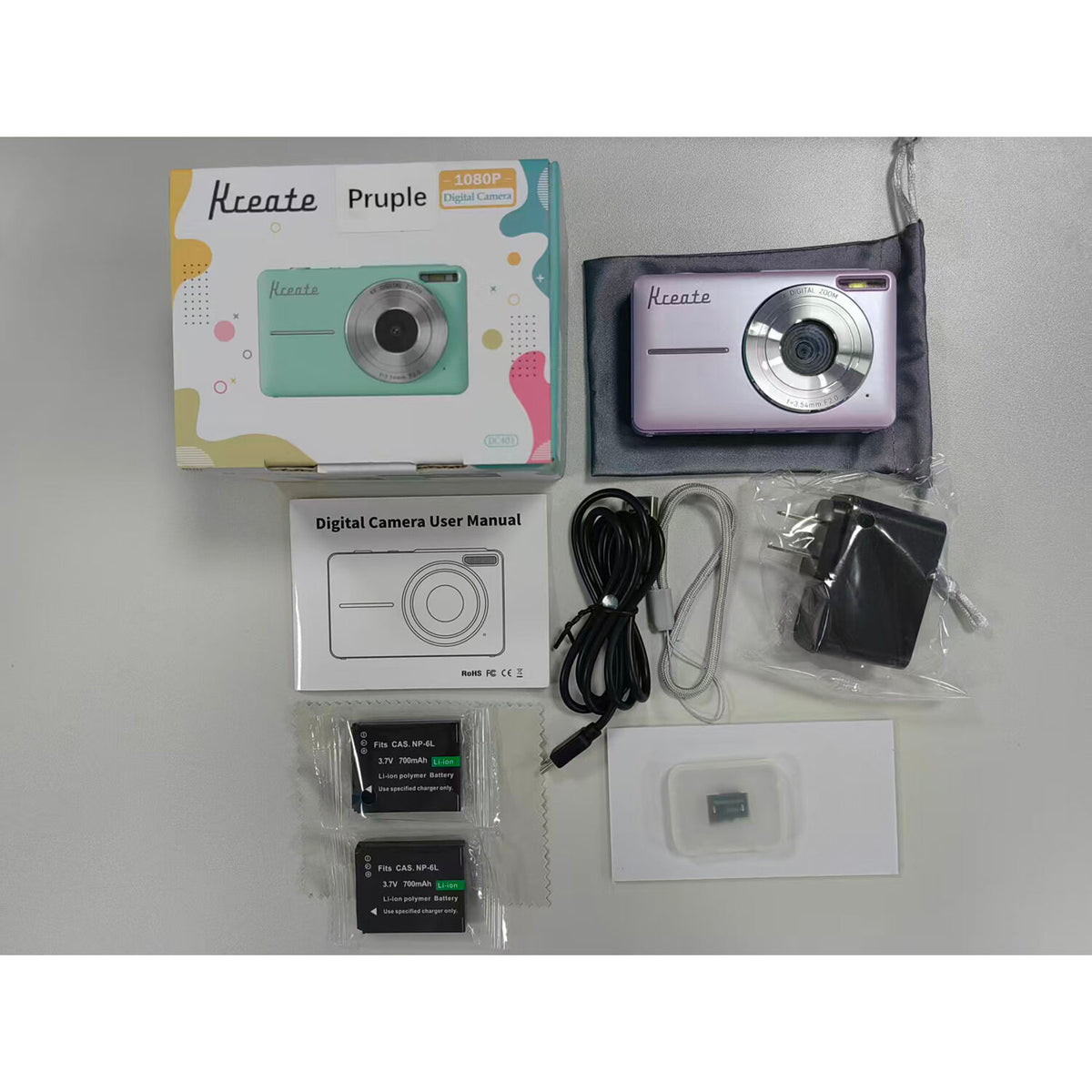 Cámara Digital Kreate DC403L-AF 5MP Compacta Morada - contenido de la caja
