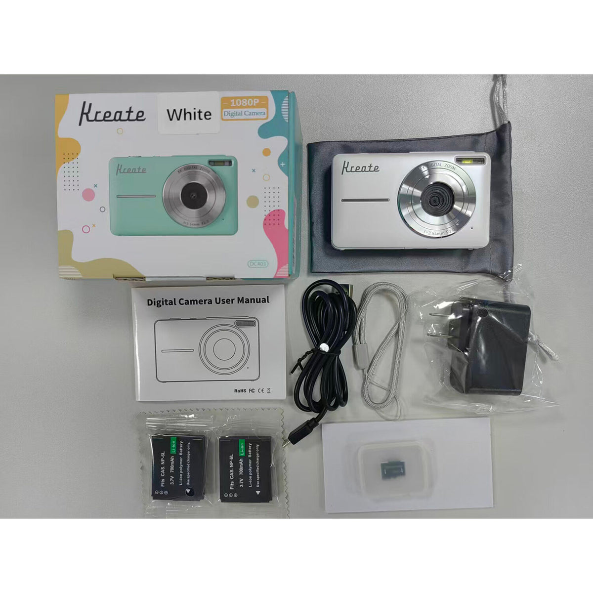 Cámara Digital Kreate DC403L-AF 8MP Compacta Blanca - contenido de la caja