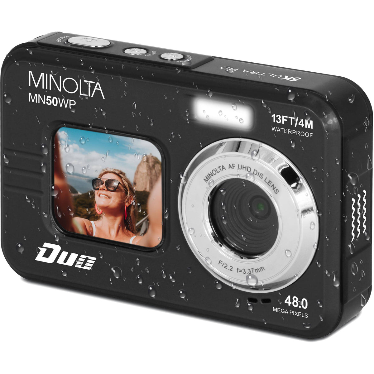 Cámara Digital Minolta MN50WP Sumergible 5K Doble Pantalla Negra - vista trasera
