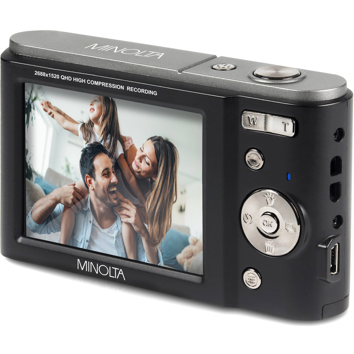 Cámara Digital Minolta MND20 44MP Video 2.7K Negra - vista lateral