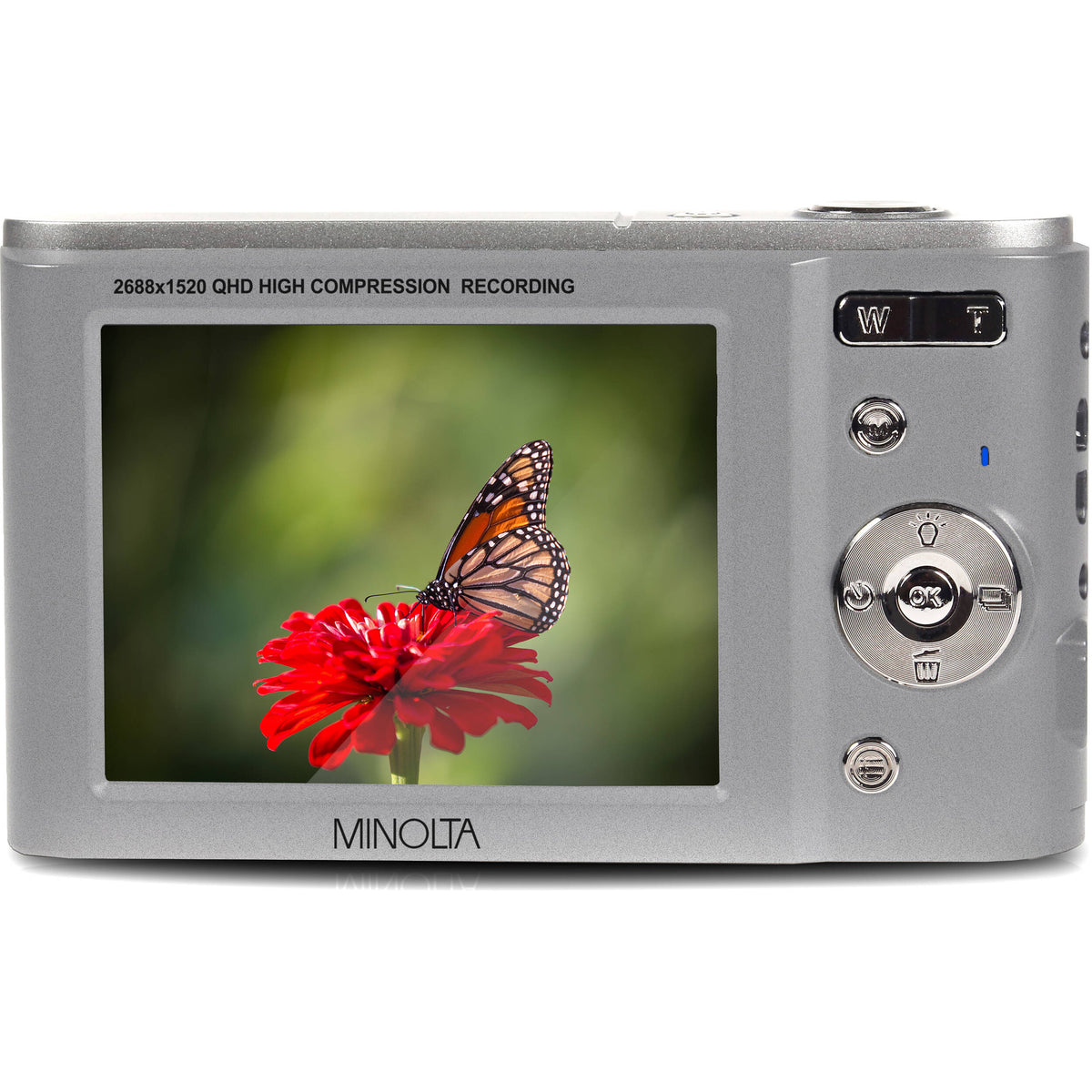 Cámara Digital Minolta MND20 44MP Video 2.7K Plateada - vista frontal