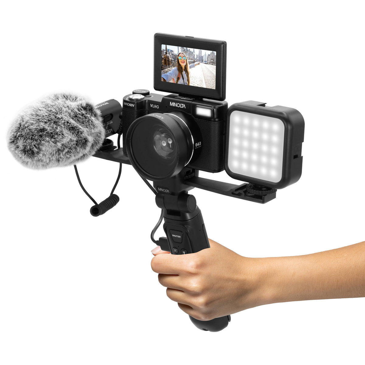 Cámara Digital Minolta MND60V Kit de Vlogging Completo Negra - en uso