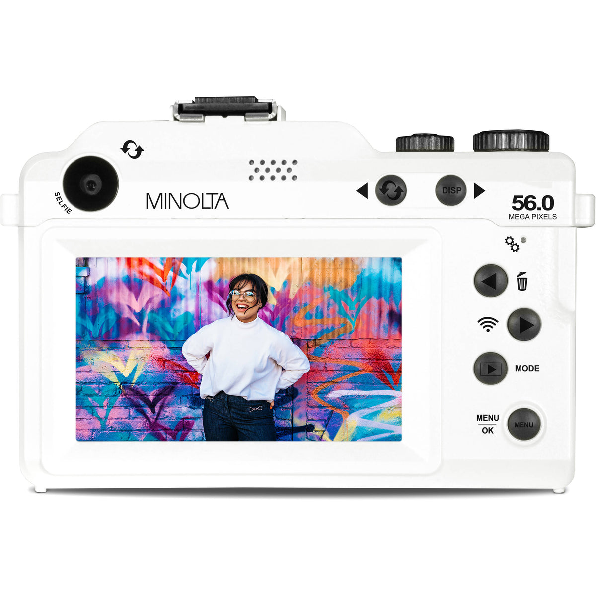 Cámara Digital Minolta MND65 Selfie Shot Blanca con Carátula Azul - vista frontal