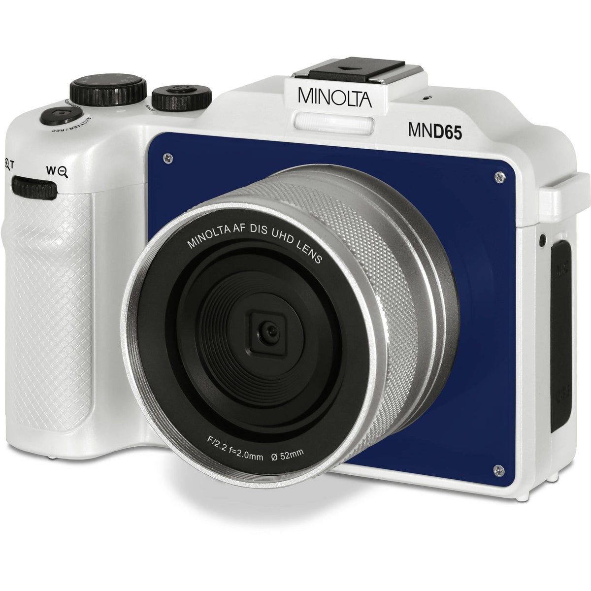 Cámara Digital Minolta MND65 Selfie Shot Blanca con Carátula Azul - en uso