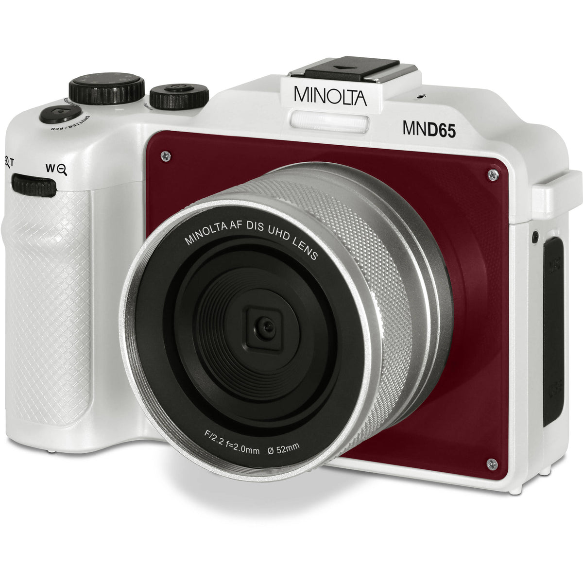 Cámara Digital Minolta MND65 Selfie Shot Blanca con Carátula Roja - contenido de la caja