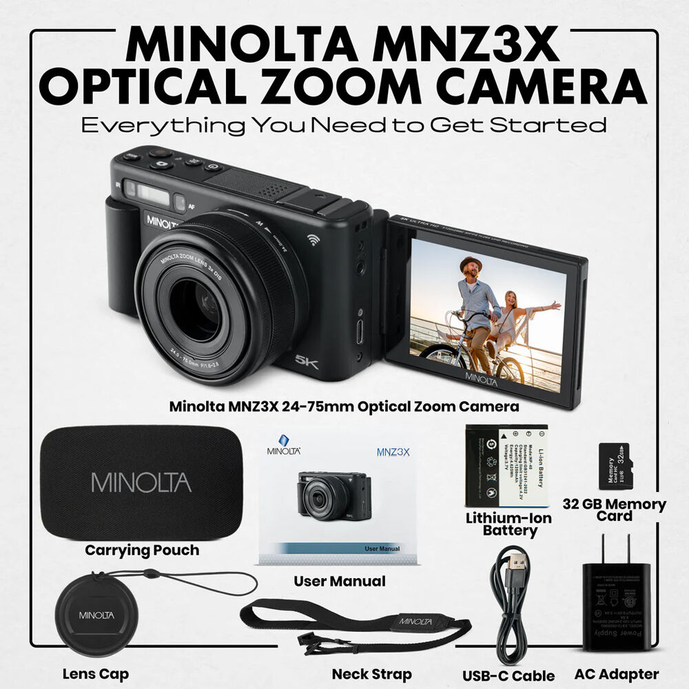 Cámara Digital Minolta MNZ3X 24-75mm Zoom Óptico 3x Negra - contenido de la caja