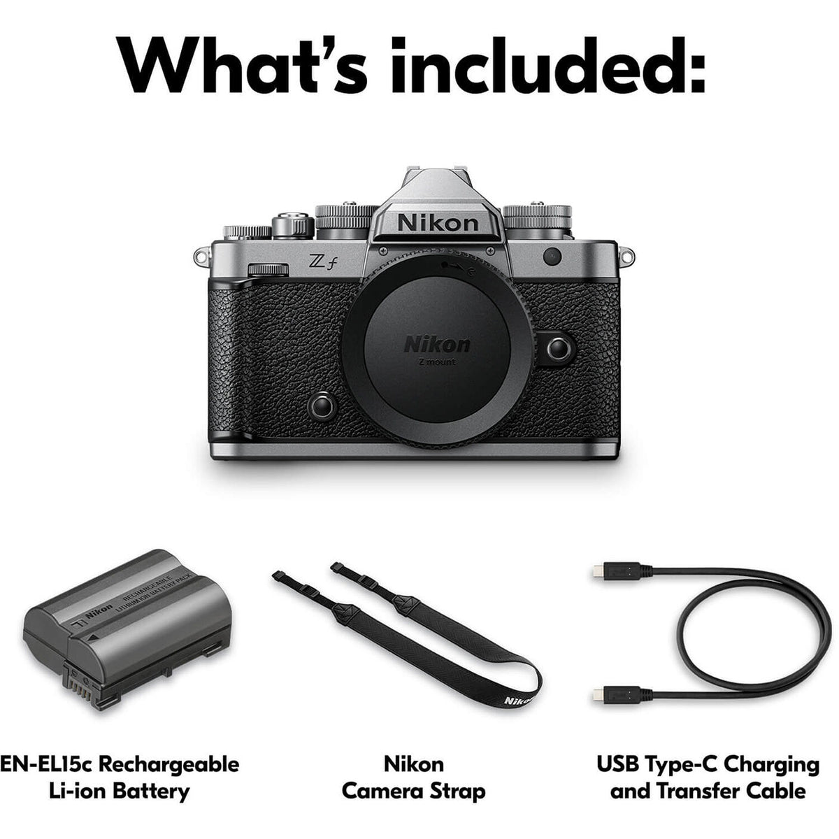 Cámara Digital Nikon Zf Mirrorless 24.5MP Full Frame Plateada - contenido de la caja